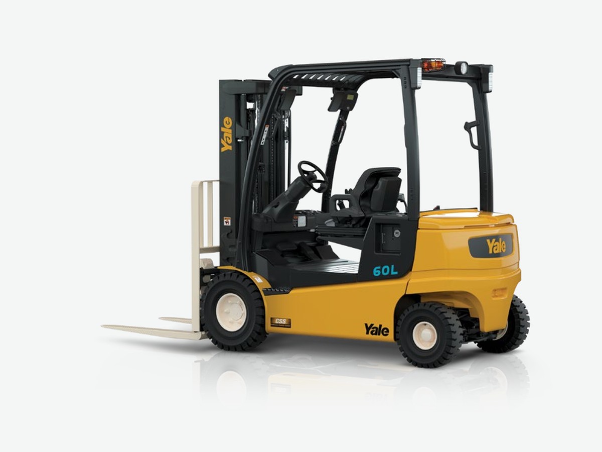 Yale electric counterbalance forklift shown clearly from the side