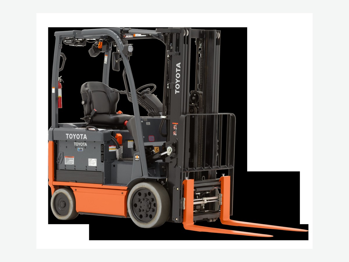 Toyota Core electric counterbalance forklift shown clearly from the front side